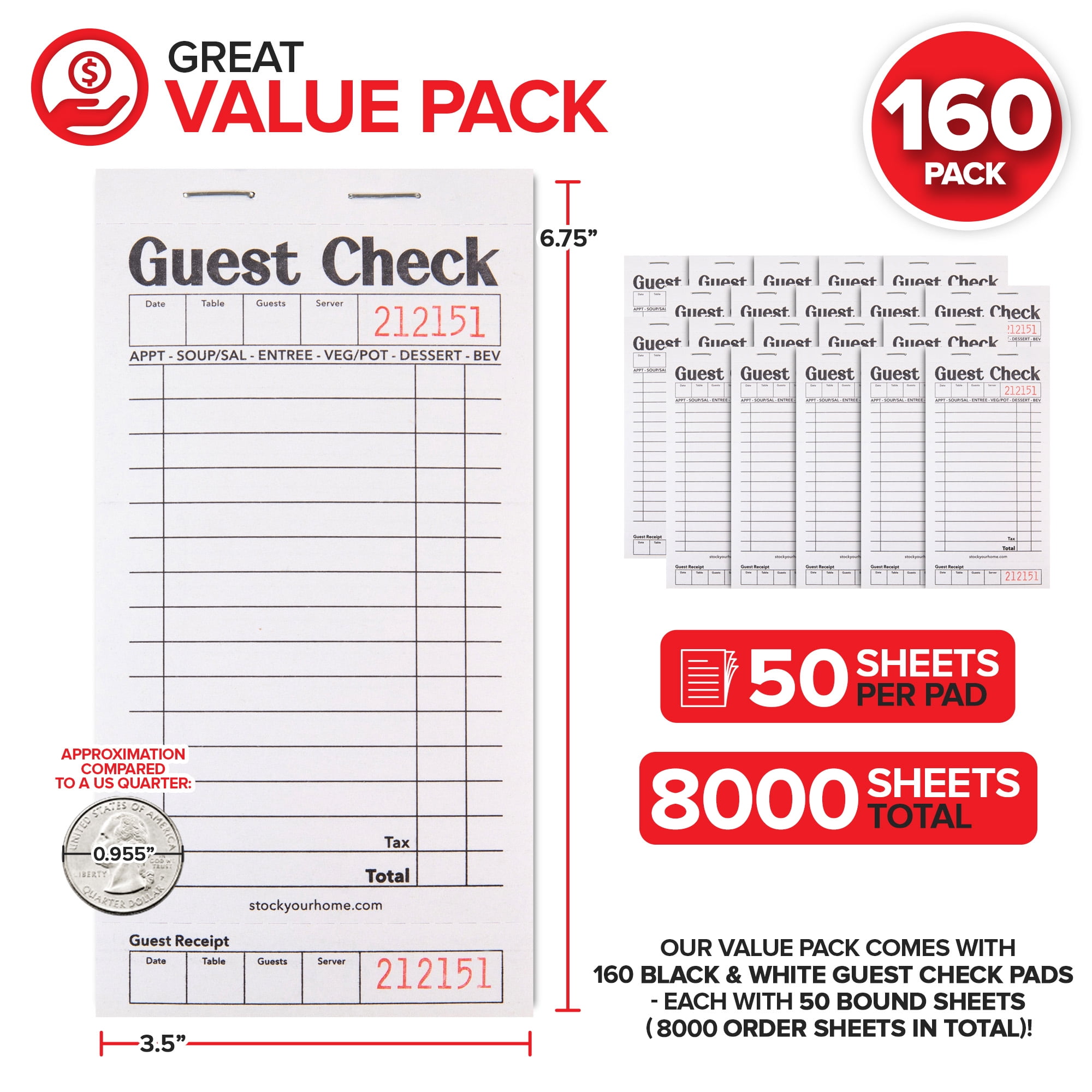 Stock Your Home Black and White Guest Check Books for Servers, 160 Pack – Server Note Pads, Waiter Checkbooks, Food Receipt Books, Restaurant Order Pads, Paper Checks, 1000 Tickets