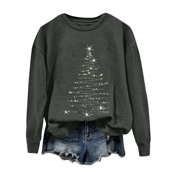 Ladies' Christmas Printed Casual Long Sleeved Round Neck Sports Hoodie Top, Comfortable Pullover for Women, Festive Holiday Apparel, Streetwear Style,Dark Gray,XL