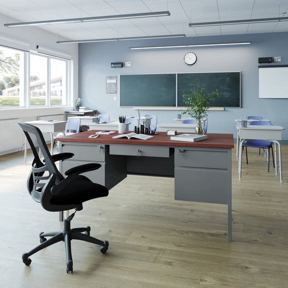 Flash Furniture Commercial Grade 30x60 Double Pedestal Desk with 5 Locking Drawers, Mahogany Top and Charcoal Gray Frame