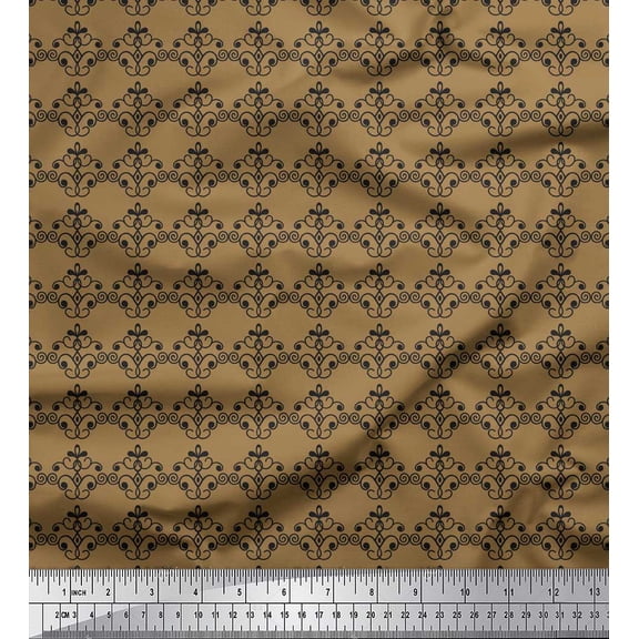 Soimoi Brown Cotton Duck Fabric Fleur_de_lis Damask Print Sewing Fabric Yard 42 Inch Wide