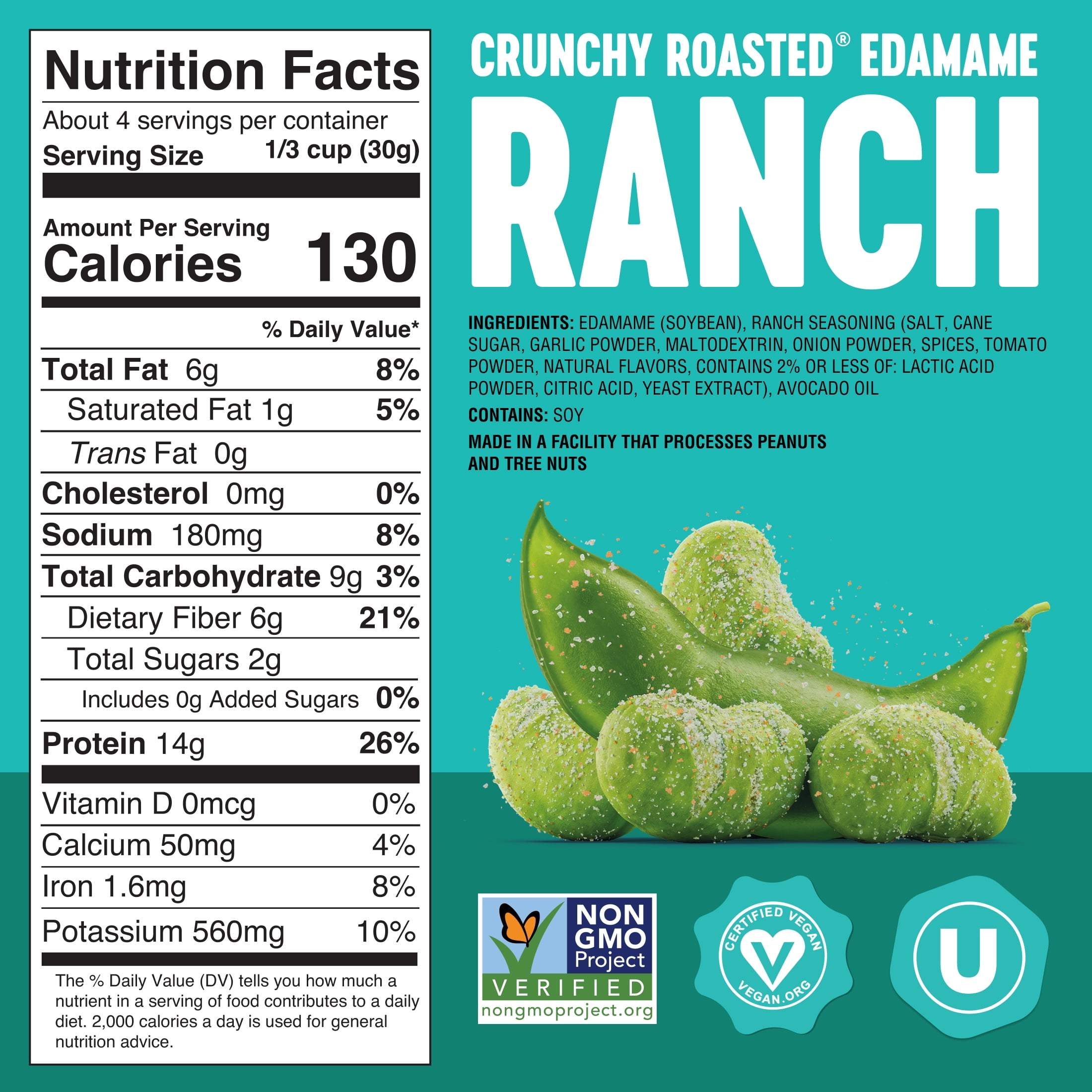 The Only Bean Crunchy Roasted Edamame Bean Snack, Ranch, 4 oz Bag