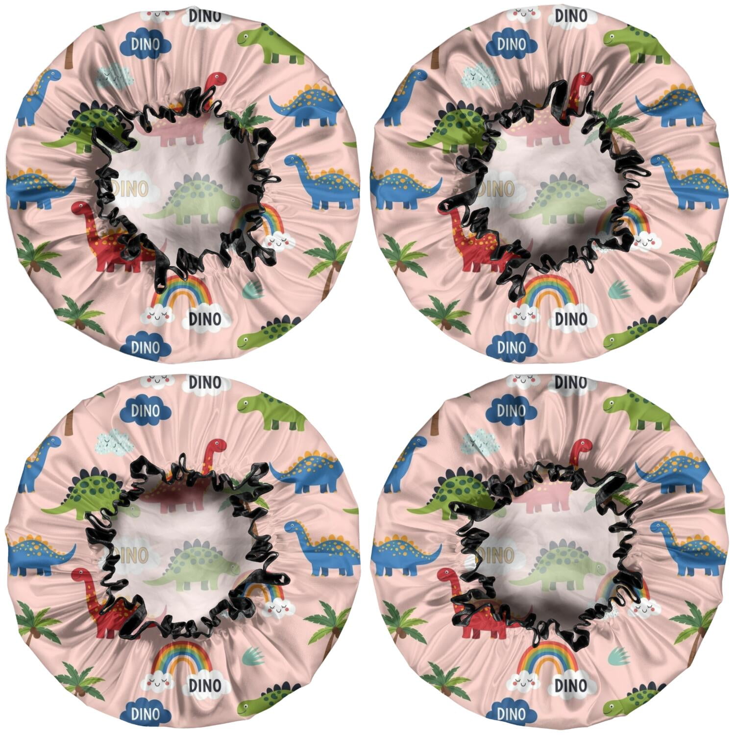 Shower Caps,Pink Dinosaur and Rainbow Pattern Waterproof Shower Cap for Women 4 Pieces,Double Reusable Hair Cover for Shower PEVA Elastic Stretch Hem
