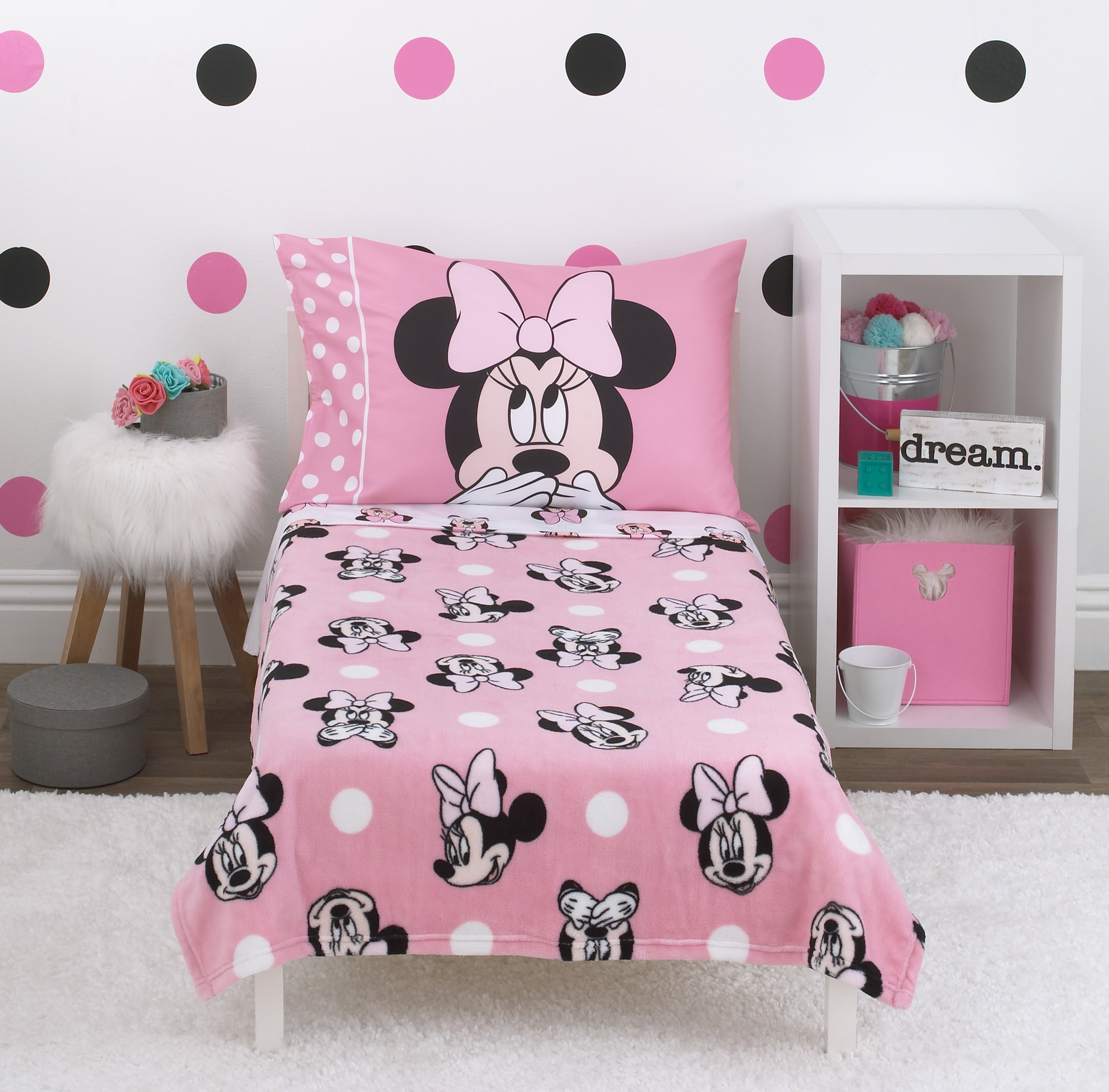Minnie Mouse crib toddler bed fitted sheet top sheet blanket pillow curtain FREE 