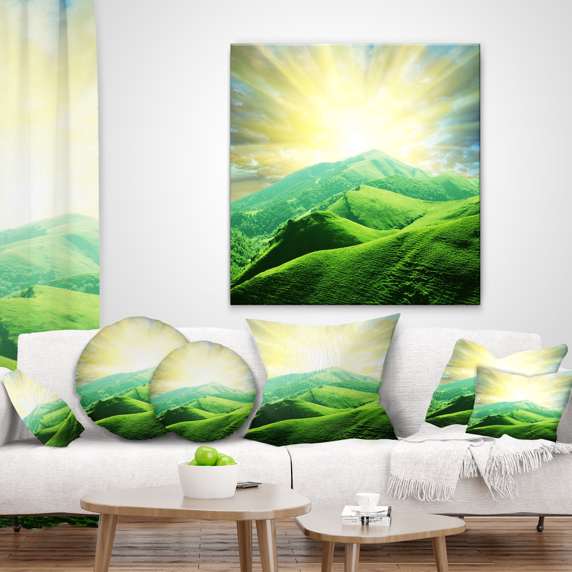 Designart Green Mountains under Sun - Landscape Printed Throw Pillow - 18x18