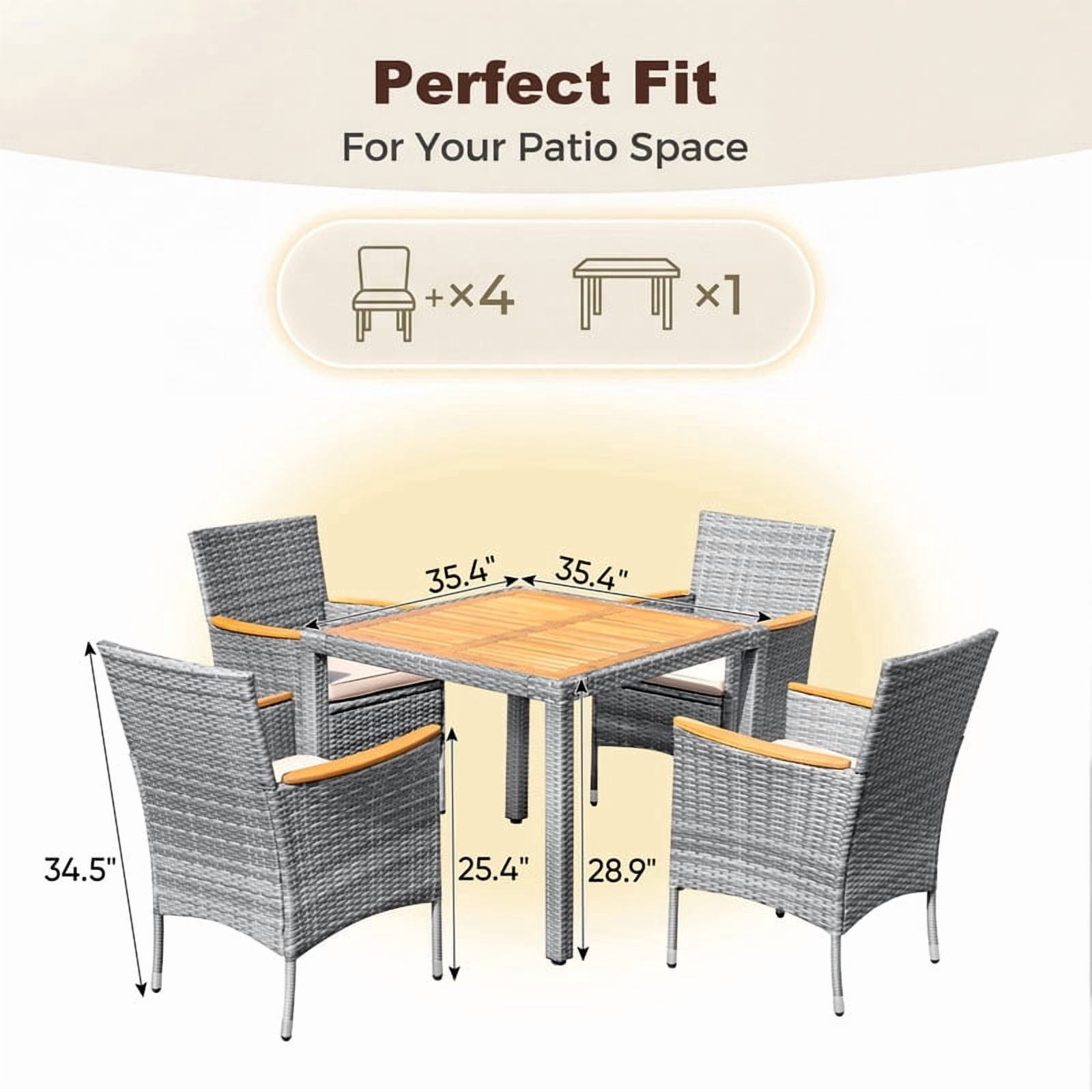 Vineego 5PCS Rattan Outdoor Furniture Set, Acacia Wood Curved Armrest Patio Dining Set with Cushions,Gray