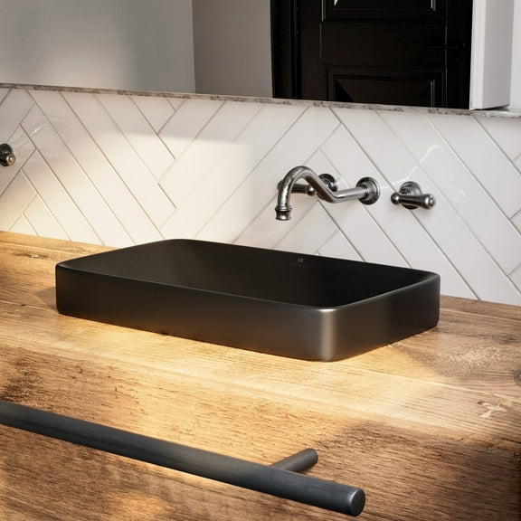 Los Flexi 19 Inch Matte Black Rectangular Drop In Bathroom Sink, Semi-Recessed Ceramic Vessel, Includes Non-Overflow Drain Kit