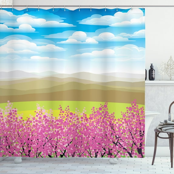Cloud Shower Curtain, Japanese Cherry Blossom Branches with Mountain Landscape Blue Sky Oriental Foliage, Fabric Bathroom Set with Hooks, 69W X 75L Inches Long, Multicolor, by Ambesonne