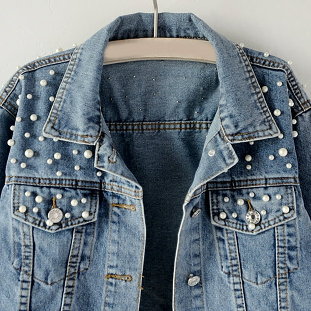 XZNGL Denim Jacket for Women Womens Fashion Casual Slim Pearl