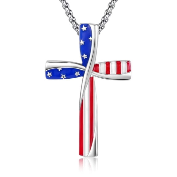 Lypsnake 4th Of July Patriotic Cross Pendant Necklace, Silver-Tone Twisted American Flag Cross Necklace, Enamel Star & Stripe Design Jewelry for 250th Anniversary Memorial Day