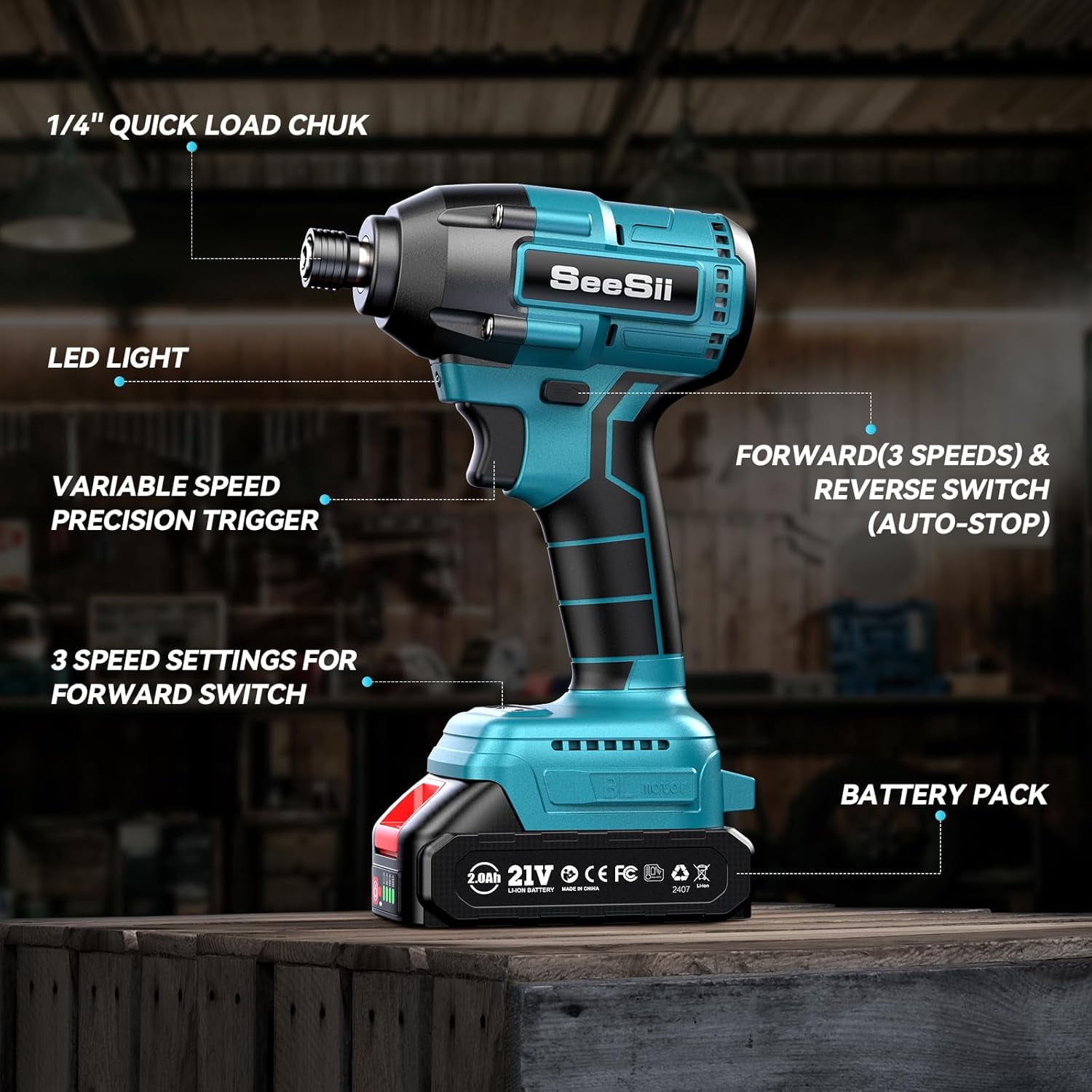 SEESII Cordless Impact Driver Kit, 21V Max Torque 1590 In-lbs(180 N.m) Impact Driver Set with Two 2.0 Ah Batteries, 1/4" Hex Chuck Power Impact Driver w/ 20 Pcs Drill Bits, 0-2500 RPM Variable Speed