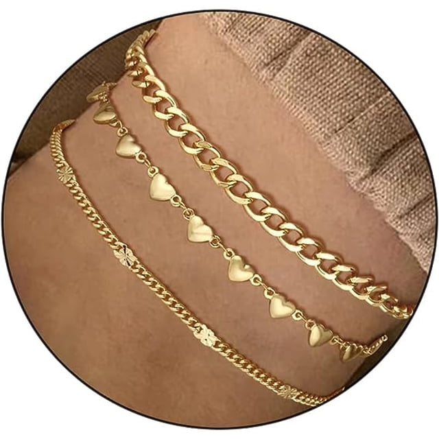 Tobilleras de oro para mujer, chapadas en oro de 14 quilates, hechas a mano, con capas de corazón, tobilleras para mujer, resistentes al agua, con diamantes de imitación, cadena cubana satelital,