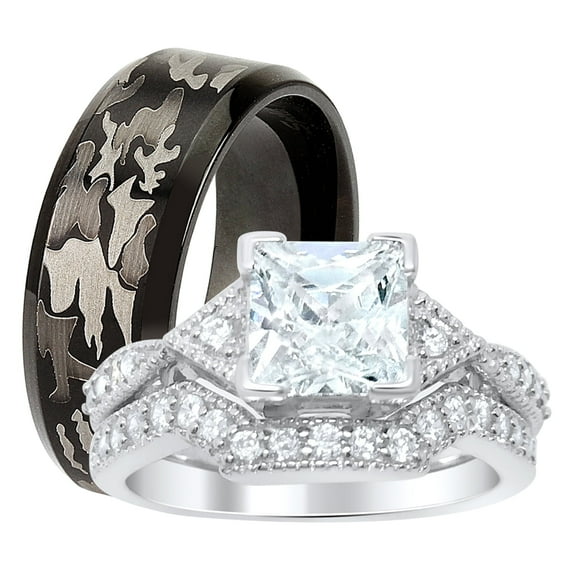 His Hers Wedding Ring Set Princess Engagement Couples Promise Rings Her 6 Him 8