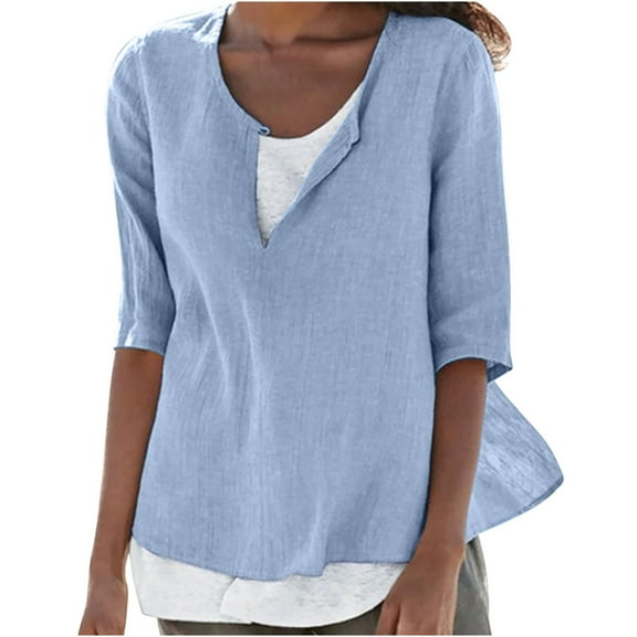 Summer Fashion Plus Size Womens 3/4 Sleeve Tops Trendy Clothes 2025 V-Neck Casual Blouse Up to 65% off!