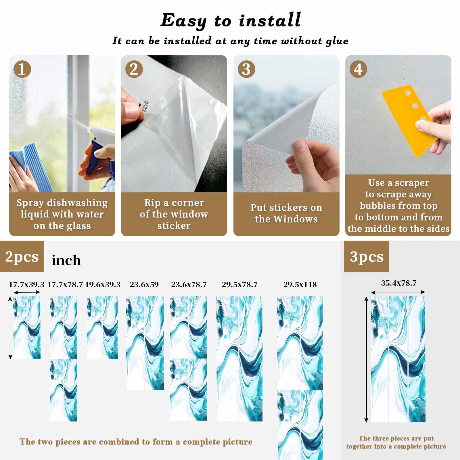 Abstract Water Ripple Window Privacy Film Blue Gradient Modern Ocean Decorative Glass Window Film UV Blocking Static Cling Non-Adhesive Sticker Covering for Home Door 29.5 x 78.7 inches
