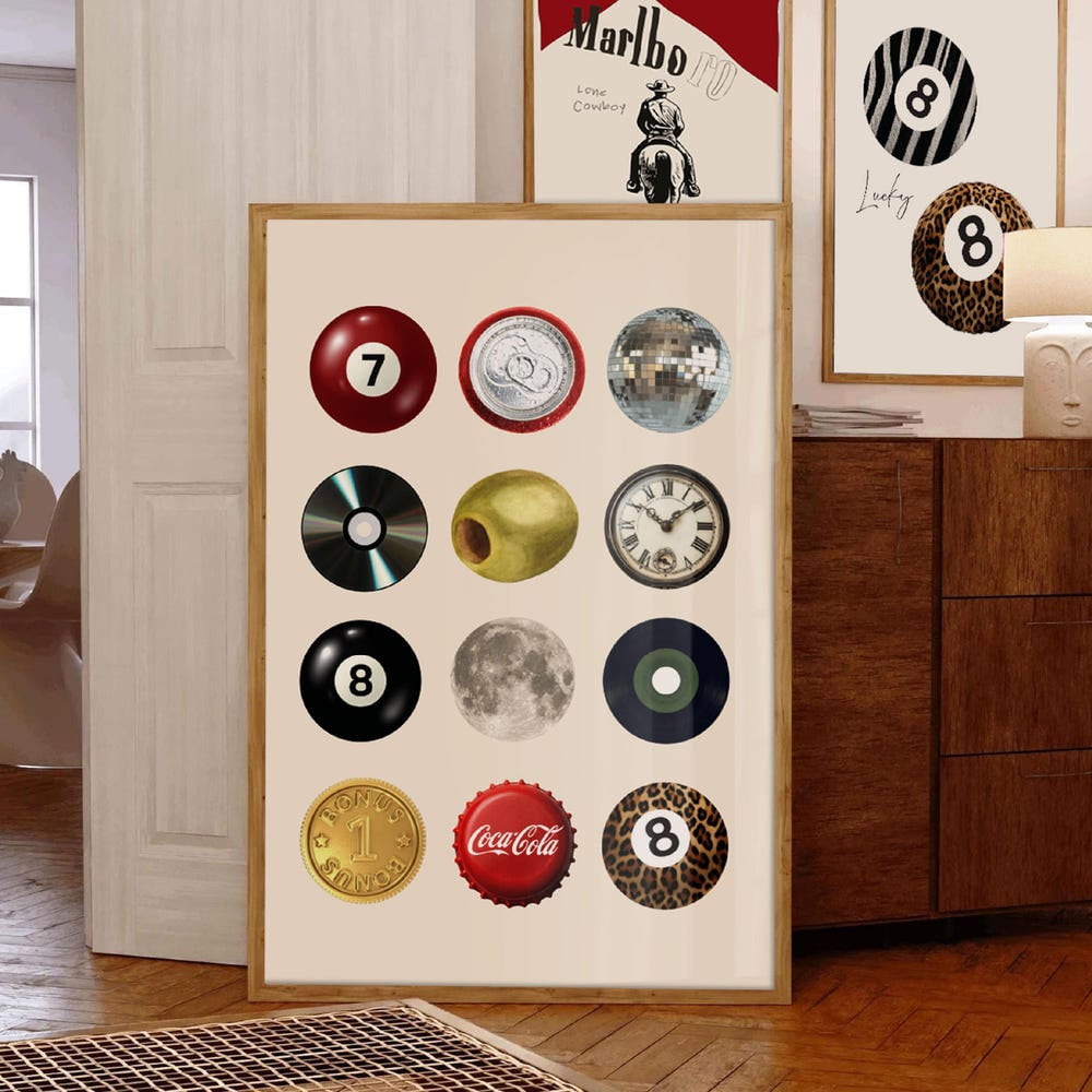 HADOPRINT Vintage Retro Wall Art Trendy Collage Wall Art Trendy Dorm Decor 8 Ball Print 70S Inspired Mid-Century UNFRAMED PAPER POSTER Home Decor Vintage Gift Living Room Dercor