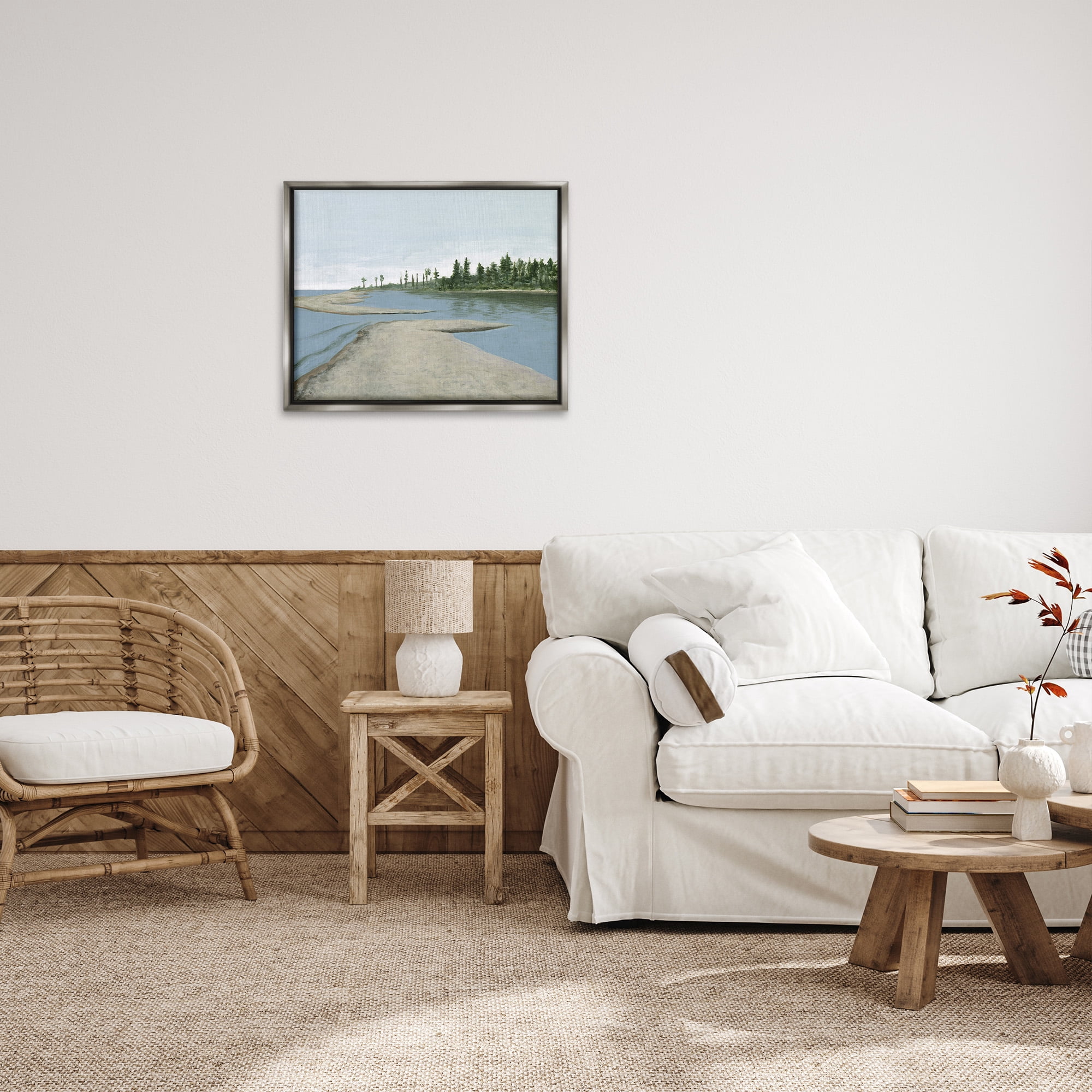 Stupell Industries Lake Waterfront Scenery Landscape Painting Gray Floater Framed Canvas Art Print Wall Art, 31 x 25