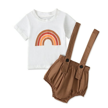 

TAIAOJING Baby Girl Clothes Toddler Kids Rainbow Print T Shirt Tops Button Suspender Set Fall Outfits 6-12 Months