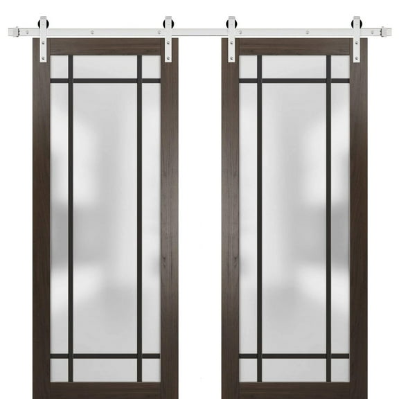 Sturdy Double Barn Door 36 x 80 inches | Planum 2112 Chocolate Ash Frosted Glass | Stainless Steel 13FT Rail Hangers Heavy Set | Solid Panel Interior Doors