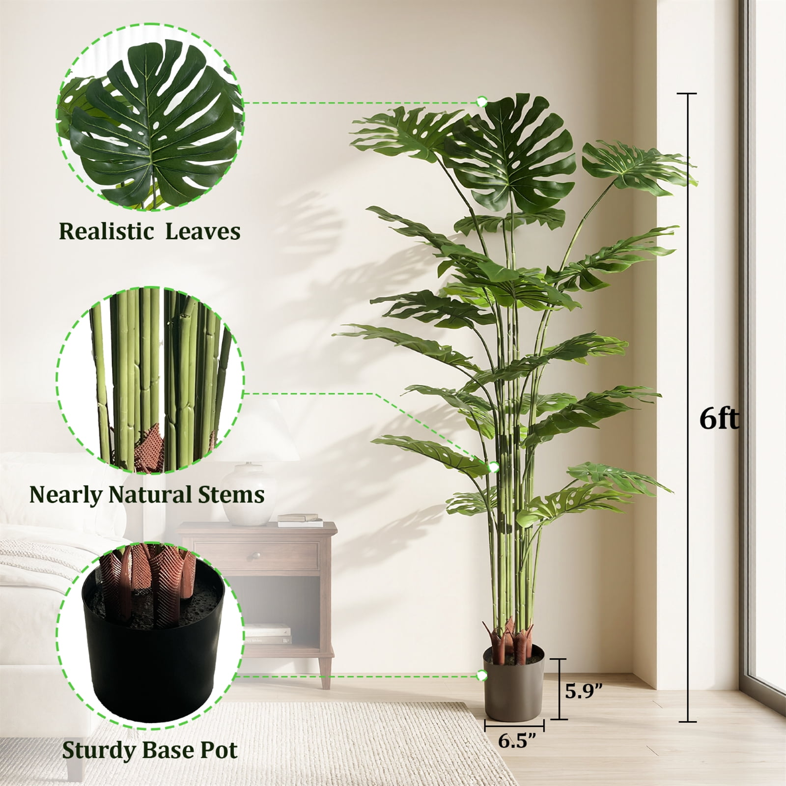 BEAUTYPEAK 6FT Artificial Plant Fake Indoor Monstera Plant Decorative Outdoor Greenery in Black Pot