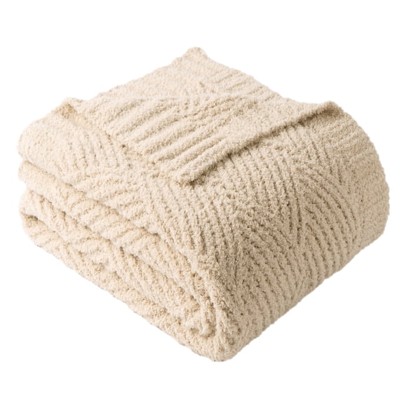 Battilo Beige Knitted Throw Blanket,Soft Textured Chenille Blanket, Lightweight Decorative Throw,50"x60"