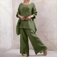 thumbnail image 3 of qILAKOG Women's Autumn Cotton Linen Set Womens Plus Size 2 Piece Lounge Sets Long/Short Sleeve Pockets Shirt and Elastic Waist Wide Leg Pants Sets Streetwear Casual Tracksuit, L&Green, 3 of 7