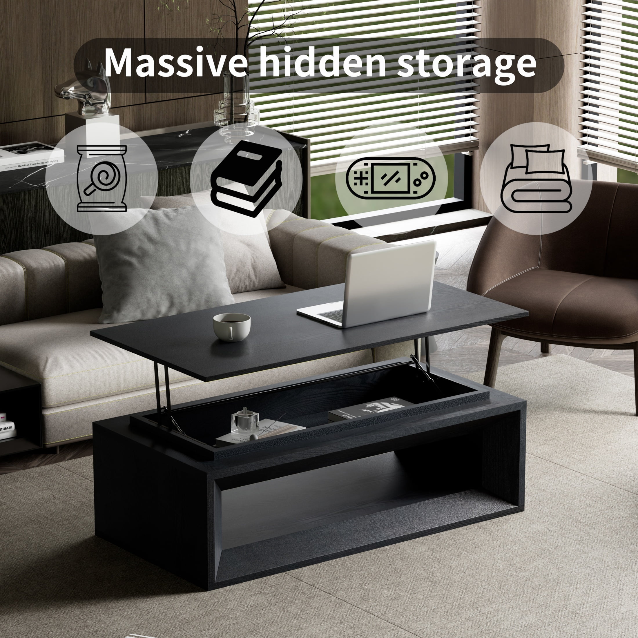 Lift-Top Adjustable Coffee Table with Hidden Storage, Solid Wood Veneered Modern End Table, Accent Cocktail Table