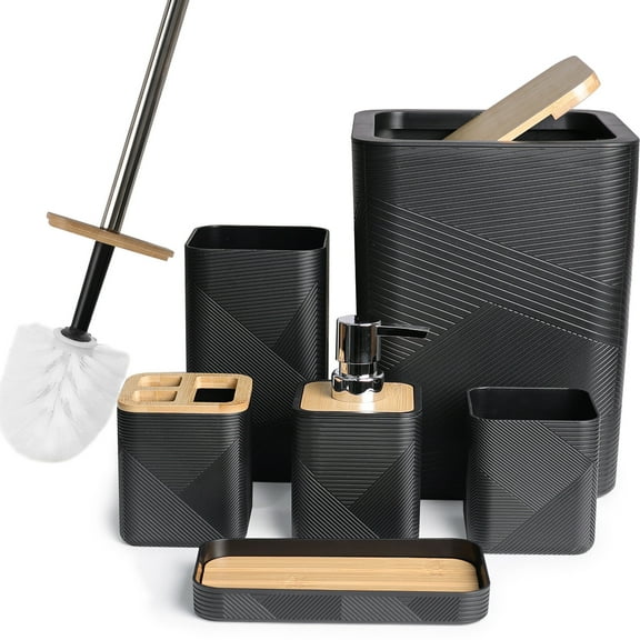 DJDG Bathroom Accessories Set 6 Piece Bamboo Bath Ensemble Includes Soap Dispenser, Toothbrush Holder, Toothbrush Cup, Soap Dish for Decorative Countertop and Housewarming Gift(Black)