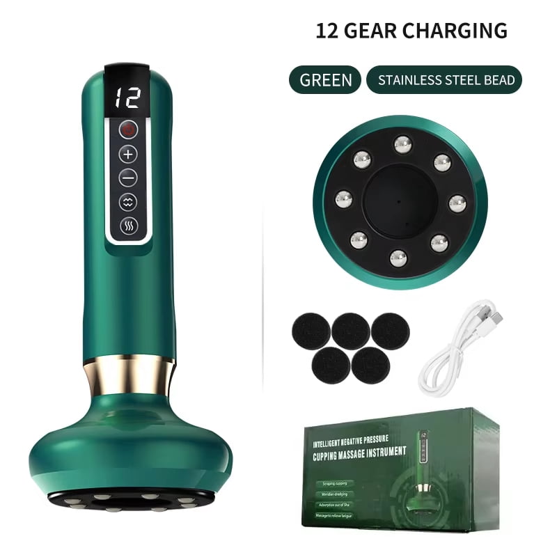 Electric Heated Cupping Massager – Cordless Gua Sha Device with Warm Stone & Red Light, 12 Suction Levels, Quick Release, Steel Ball Head, USB Rechargeable, Green, A-15
