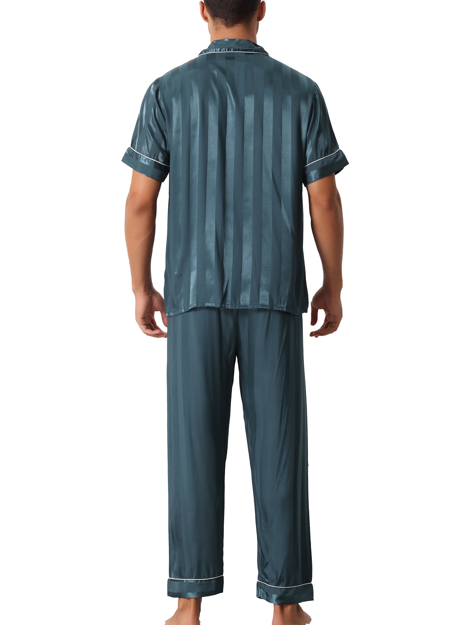 Unique Bargains Men Striped Satin Button Down Short Sleeve Long Pants Pajama Set L Blue