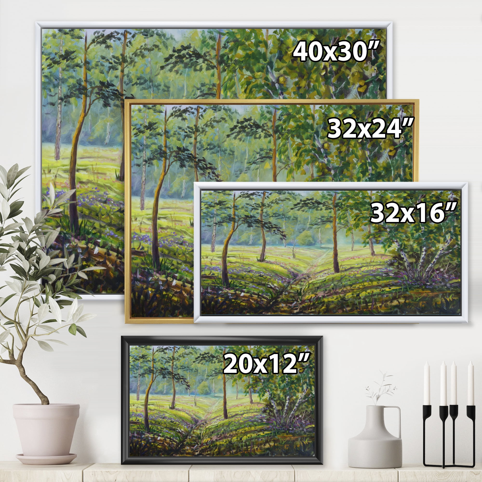 Designart 'Bushes and Pine Trees In The Forest I' Lake House Framed Canvas Wall Art Print