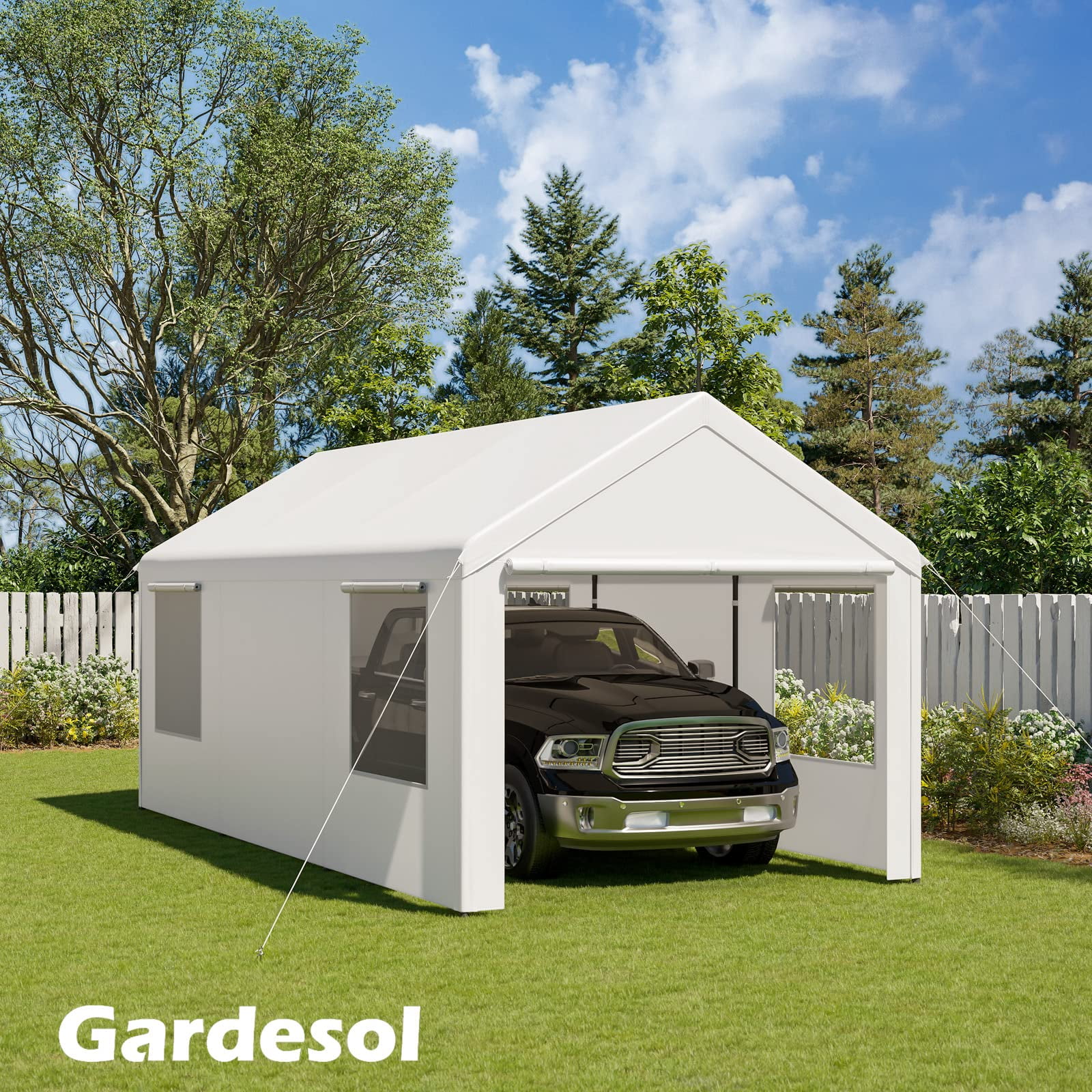 Gardesol Carport, 12'x20' Extra Large Heavy Duty Carport with Removable Sidewalls & Doors, Portable Garage Car Canopy for Car, Truck, SUV, Beige