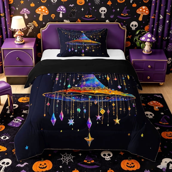 Manfei Gradient Witch Hat Twin Comforter Sets 2pcs, Halloween Cosmic Stars Print Bedding Set, Blue Gold Purple,Black Reversible,1 Comforter and 1 Pillowcase