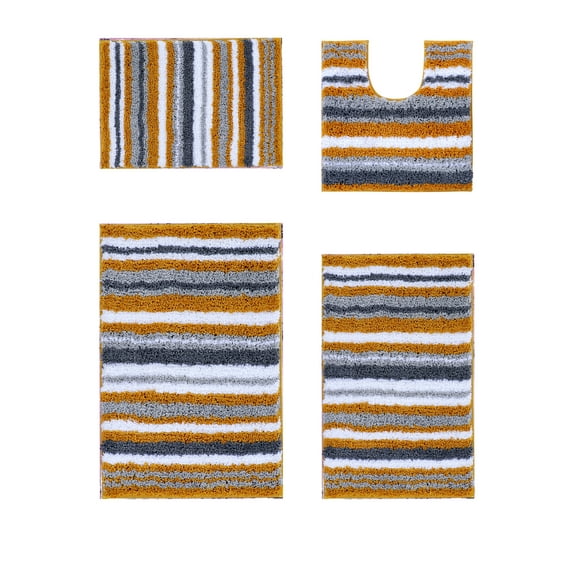 Better Trends 4 Piece Bathroom Rug Set 100% Polyester Soft Water Absorbent Non Slip Bath Mat Machine Washable Rug Griffie Collection - Yellow