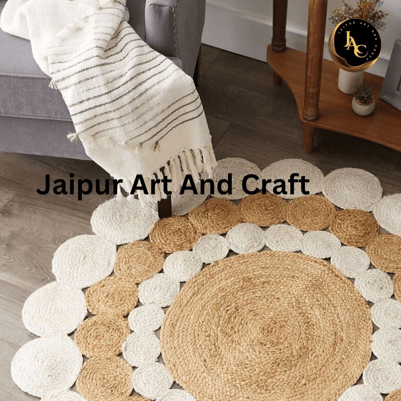 Jaipur Art And Craft Round Area Rug Natural Jute Hand Braided Multi Circle Design Brown, White Carpet (9x9 Sq Ft)