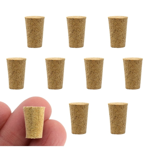 10PK Cork Stoppers, Size #0 - 7mm Bottom, 10mm Top, 13mm Length - Tapered Shape, Natural Bark Material - Great for Household & Laboratory Use - Eisco Labs