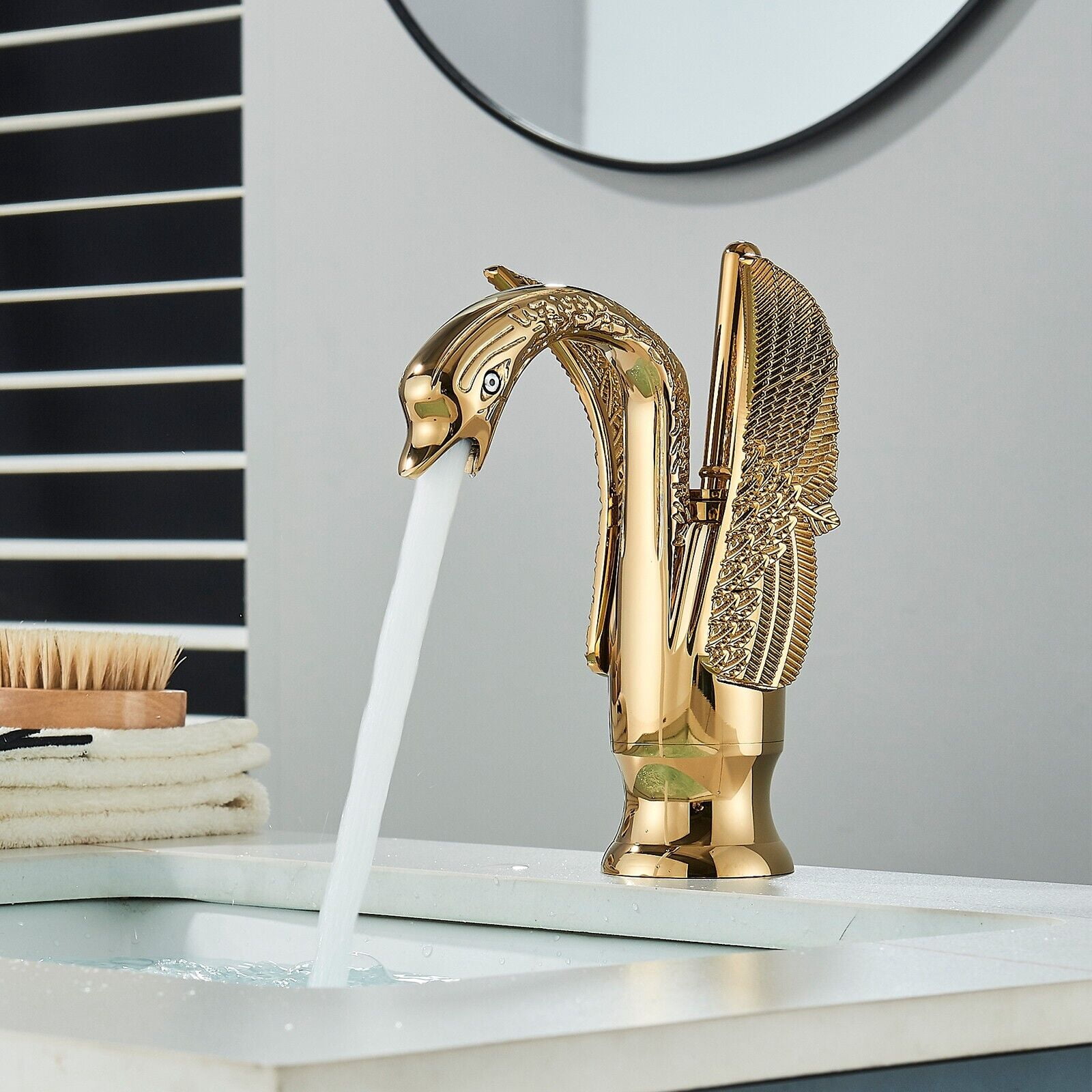 Swan Waterfall Bathroom Sink Faucet Single Hole One Handle Vanity Mixer Tap Gold