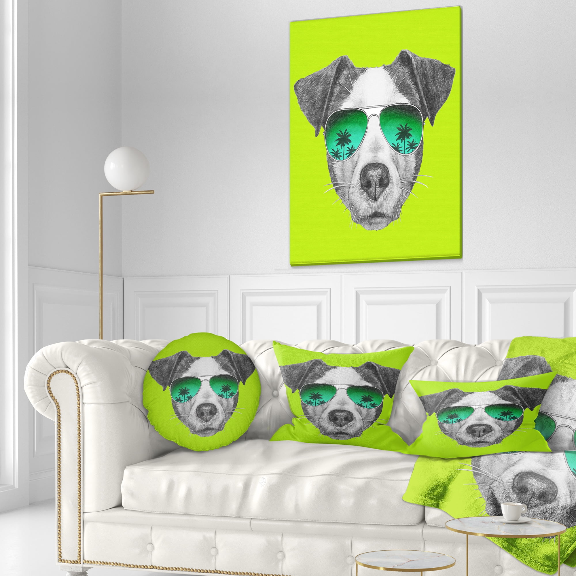 Designart Jack Russell in Green Glasses - Contemporary Animal Throw Pillow - 12x20