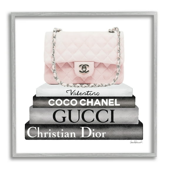 Pink Quilted Purse on Modern Chic Bookstack Beauty & Fashion Framed Art Print Wall Art, 17x17