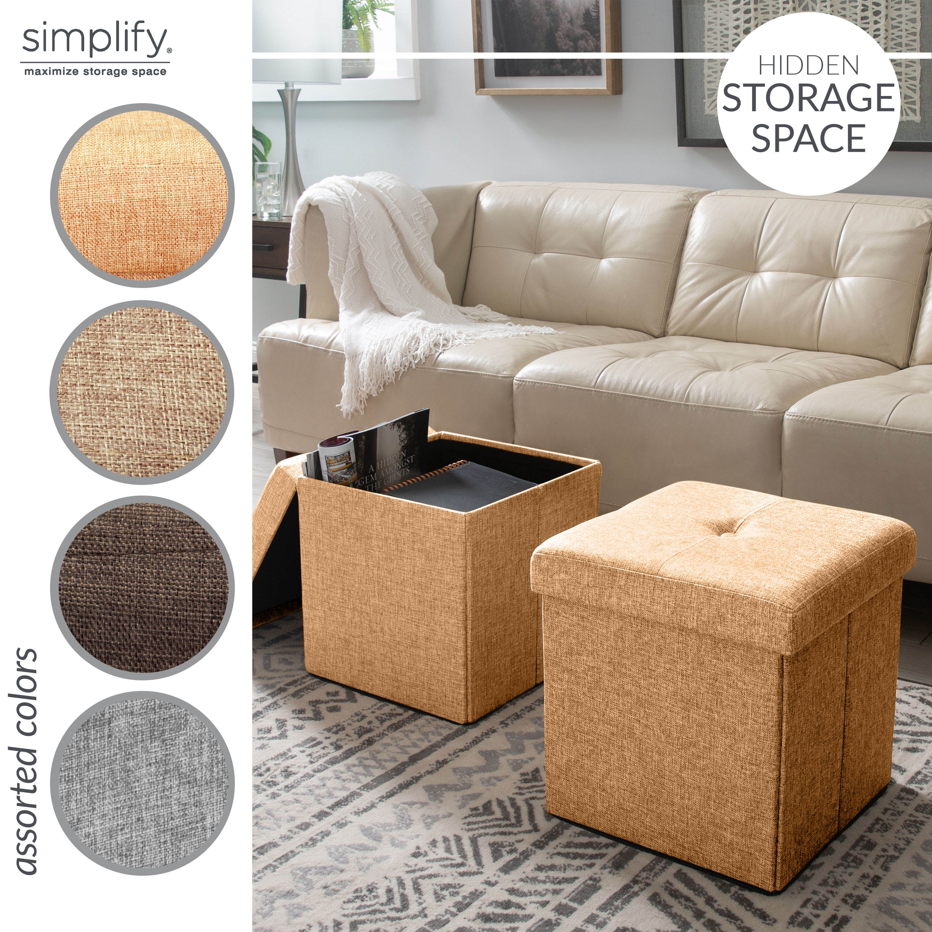 Simplify Faux Linen Folding Storage Ottoman Cube in Camel