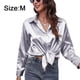 thumbnail image 2 of Blusa de trabajo formal con botones de manga larga de seda de imitación de satén para mujer - Gris, 2 of 7