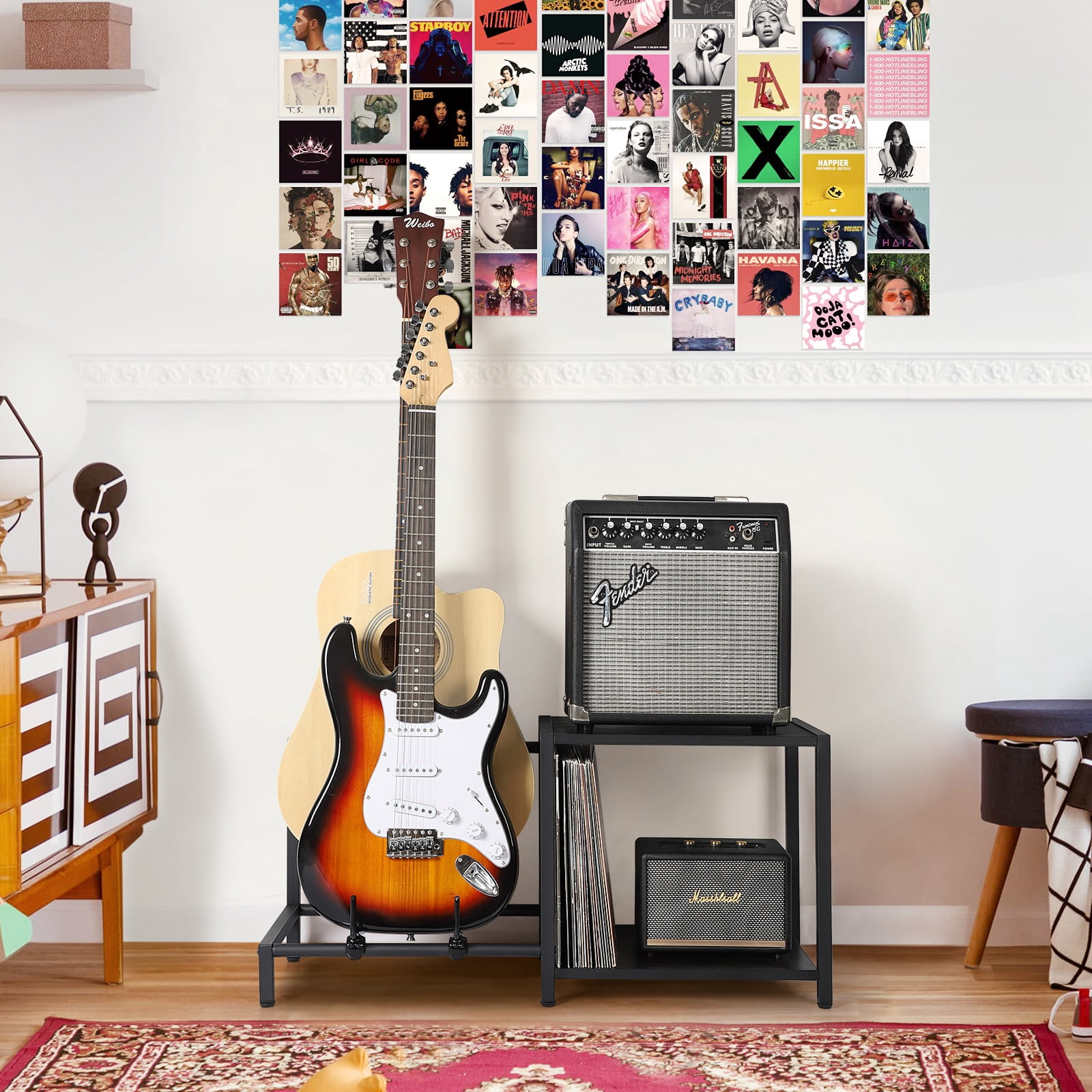 Olakee 3-Piece Floor Guitar Stand with Amp Support, Adjustable for Multiple Electric Guitars and Accessories, Wood & Metal, Black