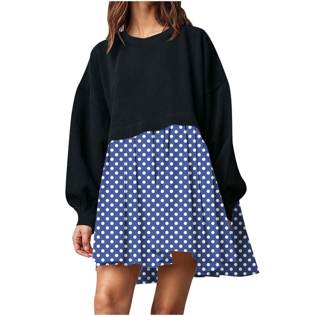 EQWLJWE Mode Femmes Décontractée Ample Col Rond Manches Longues Imprimé à Pois Ondulés Confortable Robes Imprimées Fluides Chandails en Molleton Mini Robe Robes de Retour 2023