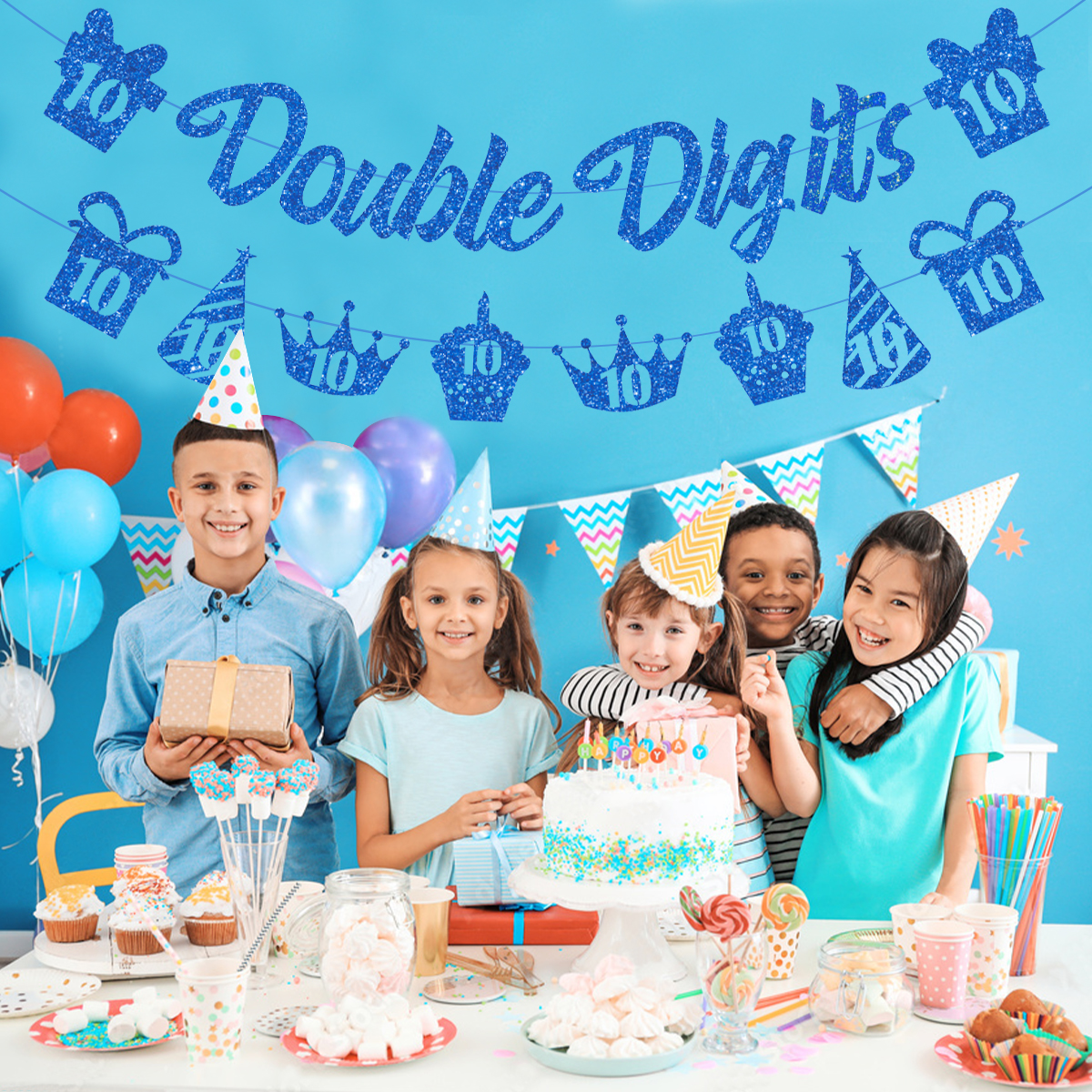 Happy Double Digits Banner – Für 10. Geburtstag, In Blau Mit Glitzer, Inkl. Aufhänge-Zubehör