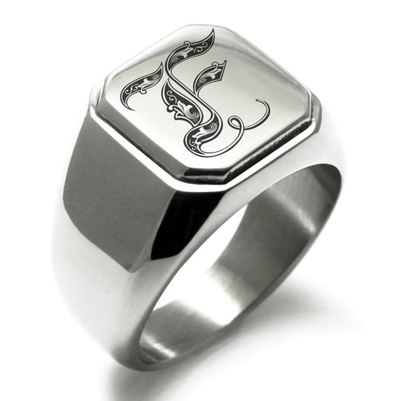 Stainless Steel Letter F Initial Royal Monogram Engraved Engraved Square Flat Top Biker Style Polished Signet Ring