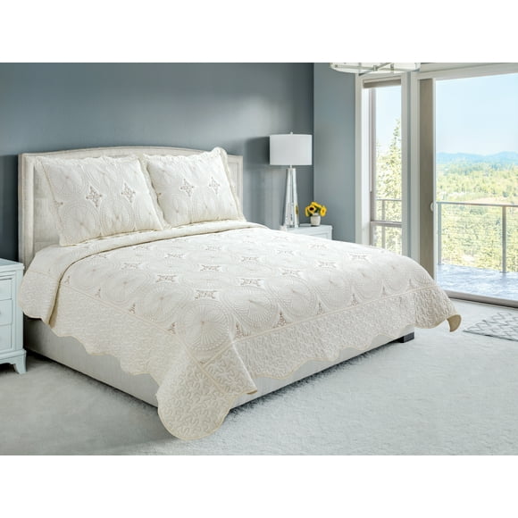 Marina Decoration Embroidered Stitching Coverlet Bedspread Ultra Soft Solid Bedding Summer Quilt Set with Quilted Sham, Cream Geometric Circles Pattern