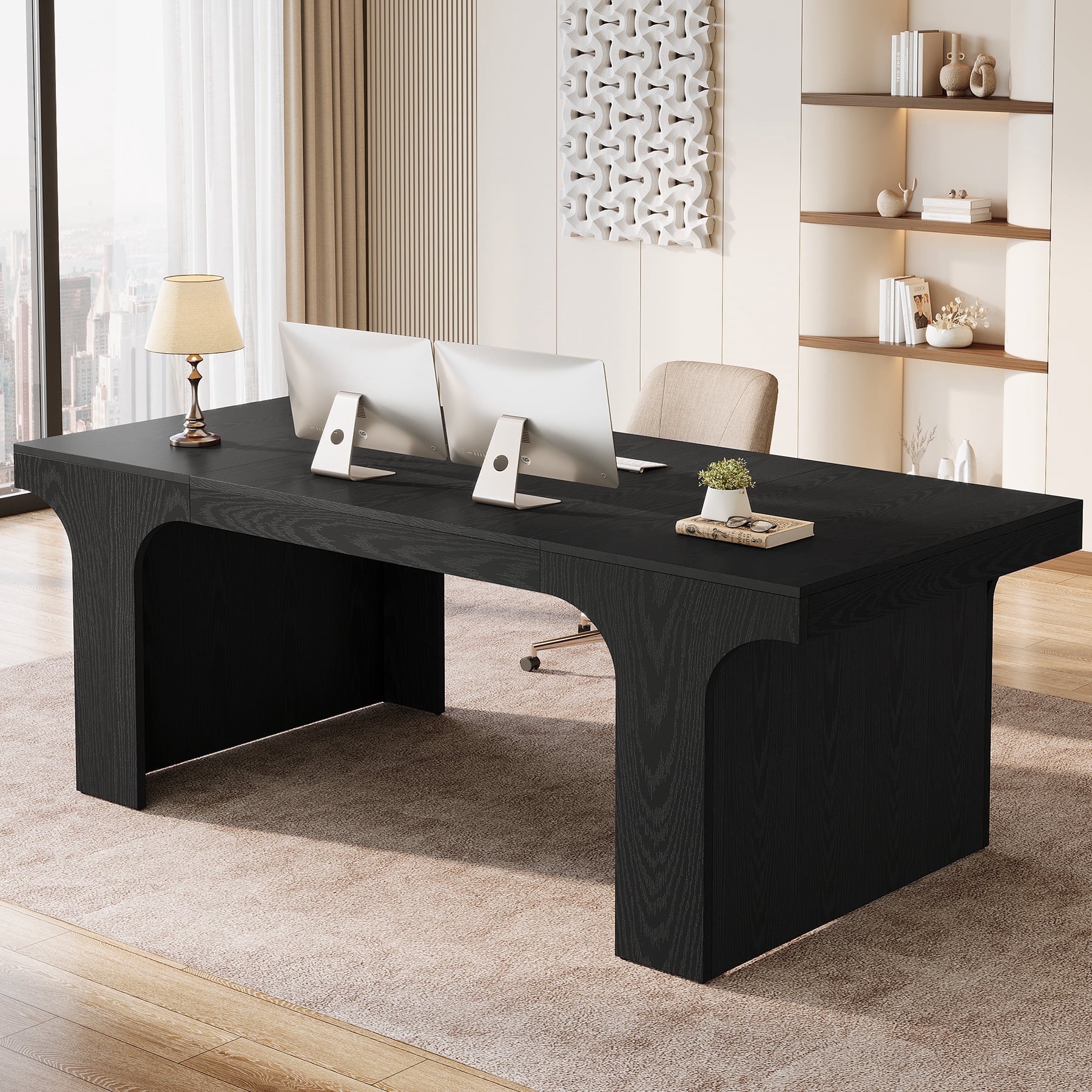 Tribesigns 70.87" Executive Office Desk, Modern Wooden Writing Table Simple Business Furniture with Arched Design for Home Office, Black
