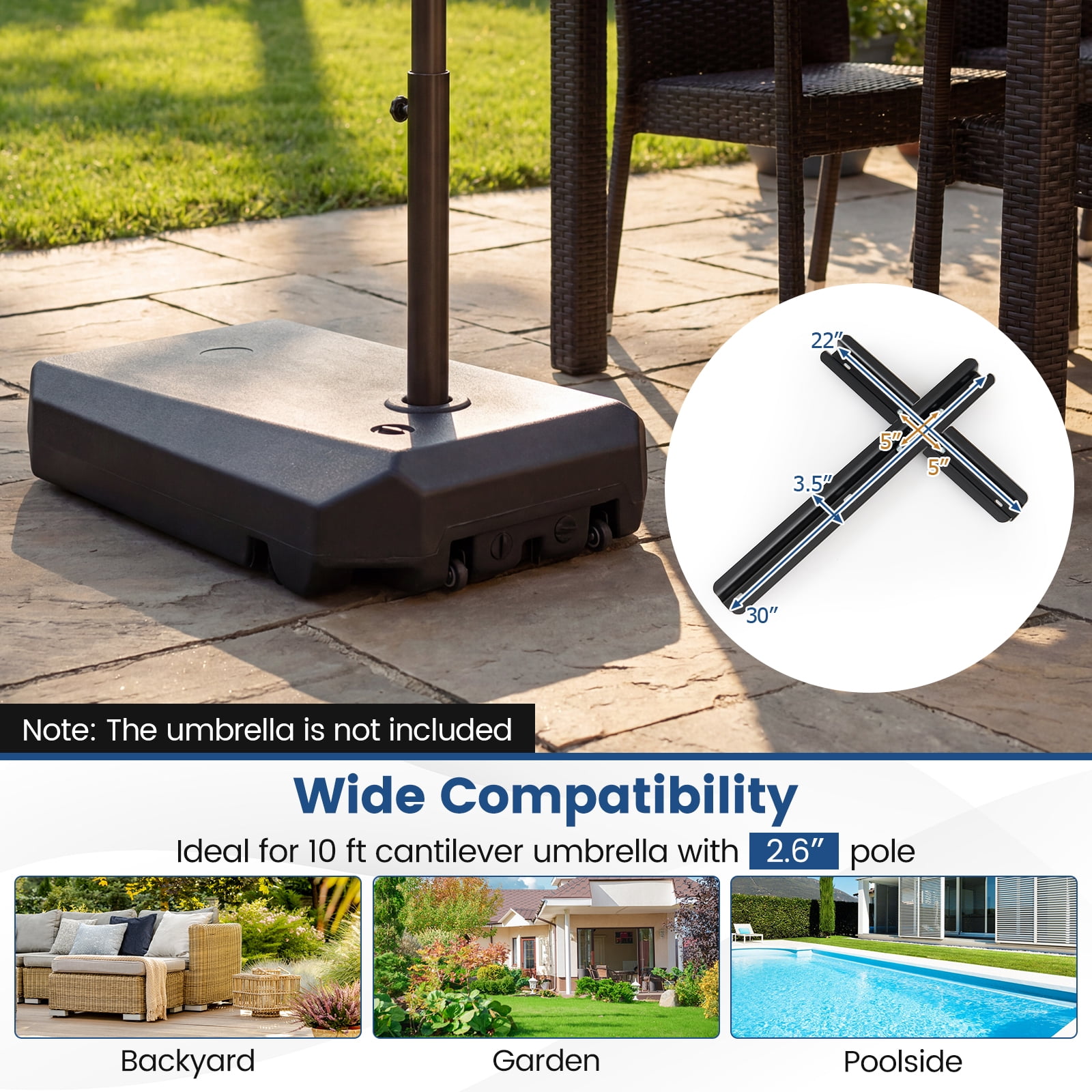 Costway Cantilever Umbrella Base with Wheels & Cross Base for 10 FT Offset Hanging Umbrella