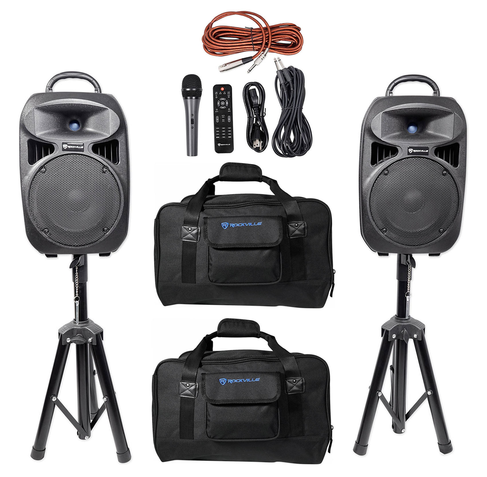 Rockville RPG082K Dual 8" Powered PA System Speakers/Bluetooth+Mic+Stands+Cables 