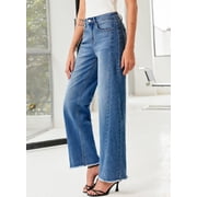 DOKOTOO Womens Wide Leg Jeans High Waisted Loose Fit Strechy Comfort Raw Hem Frayed Denim Pants