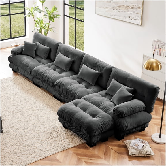 JERFIT Modular Sectional Sofa with Ottoman, 4-Piece Cloud Couch Set for Living Room, L-Shaped Chenille Sofa in Gray, Convertible Lounge Couch